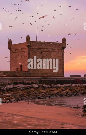 Golden Hour magie à Essaouira, flâner dans les charmantes rues et assister au coucher de soleil à couper le souffle sur l'Atlantique, le Maroc Banque D'Images