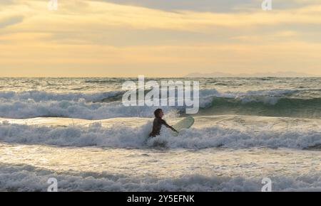 Jeune homme avec des planches de surf attaque les vagues au coucher du soleil dans le golfe de Baratti, Piombino, Livourne, Italie Banque D'Images