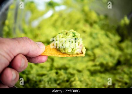 Guacamole à l'avocat traditionnel et assaisonnements classiques avec des nachos tortilla de maïs Banque D'Images