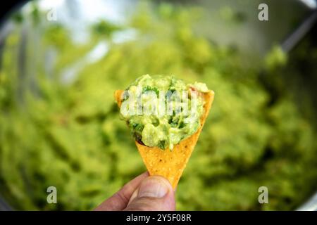 Guacamole à l'avocat traditionnel et assaisonnements classiques avec des nachos tortilla de maïs Banque D'Images