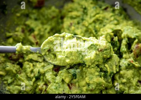 Guacamole à l'avocat traditionnel et assaisonnements classiques avec des nachos tortilla de maïs Banque D'Images