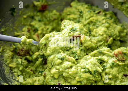 Guacamole à l'avocat traditionnel et assaisonnements classiques avec des nachos tortilla de maïs Banque D'Images