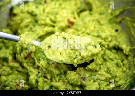 Guacamole à l'avocat traditionnel et assaisonnements classiques avec des nachos tortilla de maïs Banque D'Images