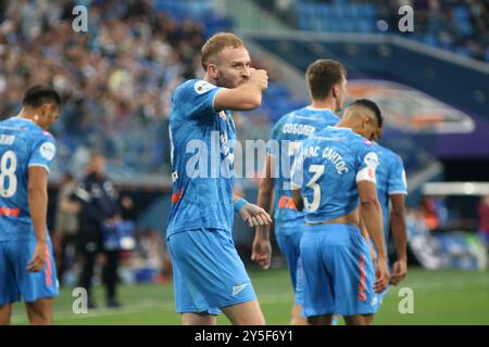 Saint-Pétersbourg, Russie. 21 septembre 2024. Luciano Gondou (32 ans) de Zenit réagit lors du match de football de la première Ligue russe entre Zenit Saint-Pétersbourg et Fakel Voronej à Gazprom Arena. Score final ; Zenit 3:1 Fakel. Crédit : SOPA images Limited/Alamy Live News Banque D'Images