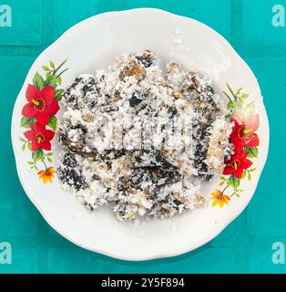 Gatot avec garniture de noix de coco râpée, Gatot est un aliment typiquement indonésien à base de manioc qui est séché pendant un certain temps pour produire un bla distinctif Banque D'Images