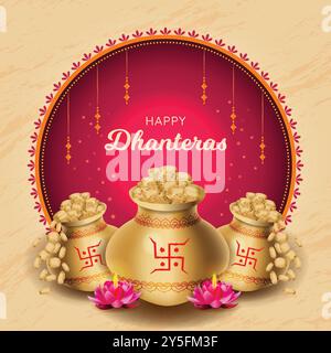 Illustration vectorielle d'affiche du festival Happy Dhanteras. Pièces d'or, pot d'or pour Diwali Season Graphic. Motif mandala orné. Publication sur les médias sociaux, g Illustration de Vecteur