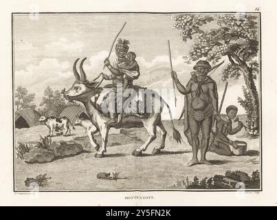 Famille Khoekhoe ou Khoikhoi d'Afrique du Sud. Homme avec animal--manteau de peau, pagne perlé, armé de knobkerrie (club) et arc et flèches. Femme chevauchant un taureau Nguni avec un enfant sur le dos. Elle porte une coiffe, un collier de perles, des bracelets et des bracelets de cheville, et une jupe en peau d'animal. Hottentots. Gravure sur cuivre de Jean-Baptiste Marie poisson d'après une illustration de Pierre Sonnerat tirée de son voyage aux Indes orientales et à la Chine (voyage aux Indes orientales et en Chine, Dentu, Paris, 1806). Banque D'Images