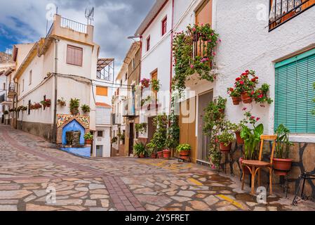 Rue avec une fontaine et décorée de pots de fleurs suspendus aux murs des maisons de la ville de Castril. Banque D'Images