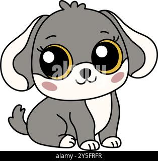 Animal de chien chinois Zodiaque de l'icône de signe du nouvel an. Asiatique kawaii style mignon illustration isolée de mascotte caniche. Adorable chiot gris avec de grands yeux assis Illustration de Vecteur