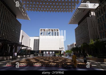 Installation d’art caritative « Echo of Lost innocence » de Bachir Mohammad, à Barahat Msheireb, dans le centre-ville de Doha. Dans le cadre d’une initiative visant à présenter de multiples voix plaidant pour une action contre la guerre à Gaza, l’installation artistique « Echo of Lost innocence » présente plus de 15 000 petites sculptures d’ours en peluche, chacune représentant la vie d’un enfant perdu pendant le conflit en cours à Gaza jusqu’à la création du projet. Chacun des ours en peluche sera vendu, et 100% des recettes seront reversées aux enfants de Gaza. Banque D'Images