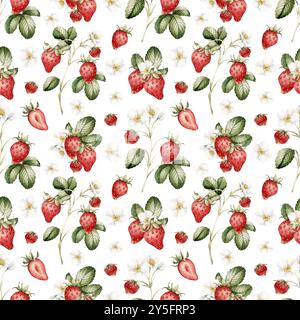 Fraise, baies mûres avec des fleurs et des feuilles. Illustration d'aquarelle, motif floral sans couture sur fond blanc avec des fruits d'été pour tex de table Banque D'Images