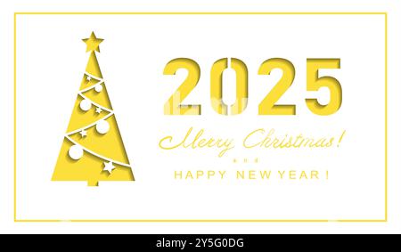 Carte de voeux joyeux Noël et nouvel an. Arbre de Noël utilisant la technique de coupe de papier. Banque D'Images