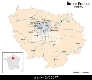 Carte avec les villes et rivières les plus importantes de la région du nord de la France Ile-de-France Banque D'Images