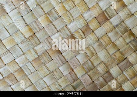 Une vue rapprochée d'un tapis tissé en fibres naturelles, présentant un motif de bandes entrelacées dans différentes nuances de beige et de brun. La texture i Banque D'Images