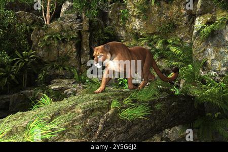 Illustration 3d Portrait de Cougar marcher sur un pont d'arbres à travers une rivière dans la forêt profonde. Banque D'Images