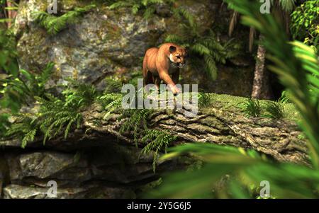 Illustration 3d Portrait de Cougar marcher sur un pont d'arbres à travers une rivière dans la forêt profonde. Banque D'Images