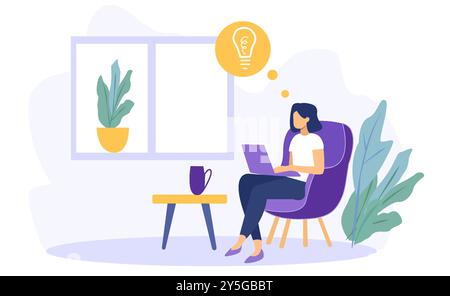 Femme assise sur une chaise à l'aide d'un ordinateur portable, pensant avec une idée d'ampoule au-dessus de sa tête. Style moderne et plat avec un fond minimaliste à la maison Illustration de Vecteur