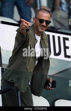 Turin, Italie. 21 septembre 2024. Leonardo Bonucci fait des gestes avant le match de football de Serie A entre la Juventus FC et la SSC Napoli. Crédit : Nicolò Campo/Alamy Live News Banque D'Images