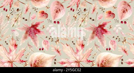 Modèle sans couture de feuilles d'automne sur fond d'olive. Érable, rowan, feuilles de tilleul, baies et glands. L'illustration de l'aquarelle est dessinée à la main, adaptée à la décoration des textiles et des cartes de vacances Banque D'Images
