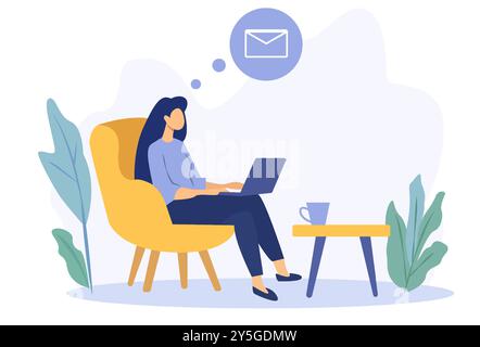 Femme assise sur une chaise jaune et travaillant sur un ordinateur portable. Une tasse à café est sur une petite table à côté d'elle. Une bulle de pensée avec une icône d'e-mail est au-dessus d'elle Illustration de Vecteur