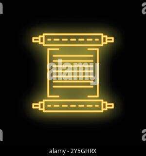 Enseigne au néon représentant un manuscrit ancien, isolé sur fond noir, parfait pour des concepts tels que l'histoire, l'écriture ou l'antiquité Illustration de Vecteur