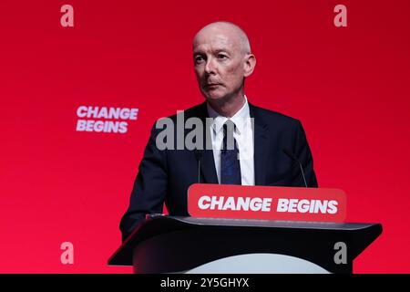 Le chancelier du duché de Lancaster Pat McFadden s'exprimant lors de la conférence du Parti travailliste à Liverpool. Date de la photo : dimanche 22 septembre 2024. Banque D'Images