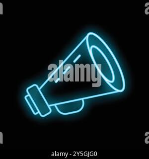 Enseigne au néon montrant un mégaphone bleu brillant sur un fond noir Illustration de Vecteur