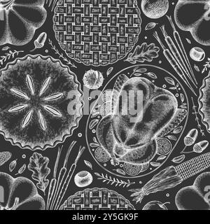 Vector main Drawn Chalk Board Thanksgiving Menu Seamless Pattern. Illustration de nourriture festive. Fond de dîner familial de style vintage Illustration de Vecteur