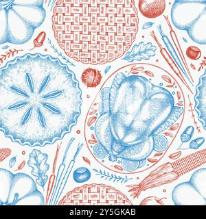 Motif sans couture de menu de Thanksgiving dessiné à la main. Illustration de nourriture festive. Fond de dîner familial de style vintage Illustration de Vecteur
