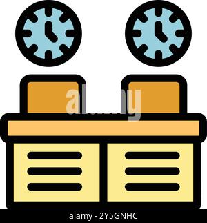 Deux postes de travail avec horloges indiquant les heures de travail dans un environnement de bureau moderne Illustration de Vecteur