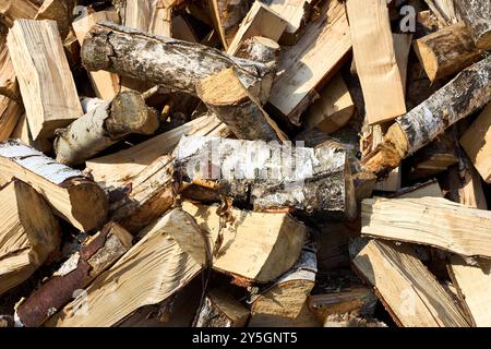 Pile de bois de chauffage de bouleau avec bloc de coupe à la main. Bois de chauffage haché pour l'hiver. Beaucoup de bois de chauffage - récolte de bois pour chauffer la maison. Pho. Horizontale Banque D'Images