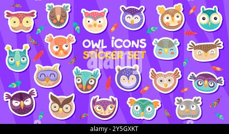 Dessin animé hibou personnages d'oiseaux autocollants pack de visages mignons drôles, ensemble vectoriel pour les enfants. Autocollants d'oiseau de hibou de bande dessinée de différents visages avec des plumes et emo Illustration de Vecteur