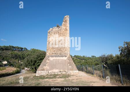 Les tours sarrasines de Cotignac, perchées sur une impressionnante falaise de tuf de 80m de haut, dominent les toits médiévaux en contrebas, offrant une vue imprenable et une histoire. Banque D'Images