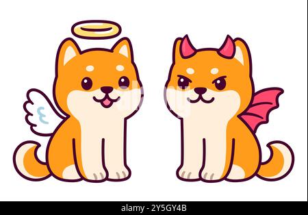 Ange et diable chien Shiba Inu, dessin animé mignon. Illustration simple de style kawaii doodle. Illustration de Vecteur