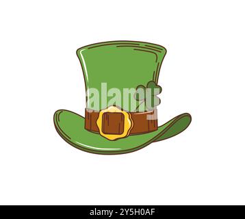 Chapeau Leprechaun de dessin animé, accessoire de vacances Saint Patrick. Chapeau haut de forme rétro vert vecteur isolé de nain. Casquette d'elfe fantaisie dans une teinte émeraude vibrante, ornée d'une plante de trèfle ou de trèfle et d'une boucle Illustration de Vecteur