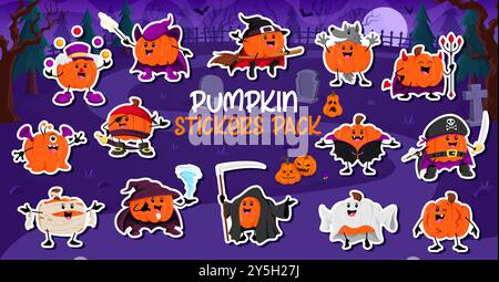 Paquet d'autocollants de personnages de citrouille d'Halloween de dessin animé pour la nuit d'horreur de vacances, ensemble vectoriel. Autocollants d'Halloween de citrouille dans des costumes de monstre de sorcière, mort ou momie et pirate, loup-garou et fantôme de boo Illustration de Vecteur