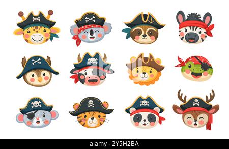 Pirates animaux de bande dessinée, filibusters, corsaires et personnages de marin de capitaine, visages drôles de vecteur. Pirates caribéens d'animaux de zoo en chapeau tricorne avec crâne croisés Jolly Roger ou cache-oeil corsaire Illustration de Vecteur