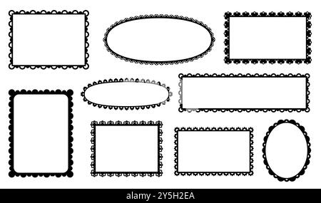 Cadres et séparateurs festonnés, bordures de dentelle de bord, rubans à volants avec motif d'ornement en tissu. Les formes rondes, ovales, carrées ou rectangulaires festonnées de vecteur avec des courbes élégantes noires présentent une complexité vintage Illustration de Vecteur