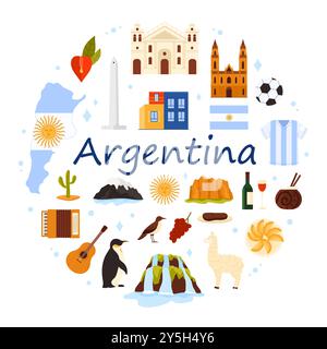 Voyage en Argentine, éléments culturels et nature, drapeau et carte dans la bannière infographique ronde. Obélisque de Buenos Aires et chutes d'Iguazu, Soleil de mai en cercle avec illustration vectorielle de dessin animé titre Illustration de Vecteur