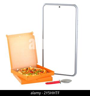 Commande en ligne de pizza, concept. Boîtes à pizza, coupe-pizza et smartphone avec écran blanc. Rendu 3D isolé sur fond blanc Banque D'Images