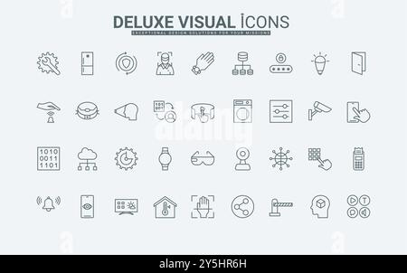 Accès et contrôle sécurisés des appareils électriques et des paramètres de l'appareil avec l'illustration vectorielle de symboles de contour noir mince et d'empreinte digitale. Technologie IoT, icônes de ligne d'accueil intelligentes définies. Illustration de Vecteur