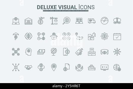 Fuseau horaire, communication et finance illustration vectorielle de symboles de contour noir mince. Affaires internationales, partenariat mondial et livraison, organisation de solutions d'entreprise ligne icônes ensemble. Illustration de Vecteur