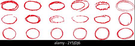 Crayon rouge met en évidence les cercles. Crayon ellipses manuscrites style doodle. Ronds rugueux cadres fins dessinés par les enfants. Collection vectorielle de ronde à main levée Illustration de Vecteur