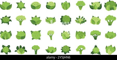 Cet ensemble d'icônes présente différents styles et types de chou-fleur, tous représentés dans des tons de vert Illustration de Vecteur