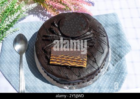 Délicieux gâteau brun au chocolat noir truffes Dark Forest pour la fête d'anniversaire ou la célébration d'anniversaire Banque D'Images