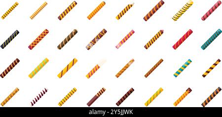 Ensemble de bâton de gaufrette croustillant recouvert d'icônes de chocolat ou de glaçage dans un style plat Illustration de Vecteur