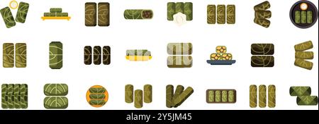 Mettant en vedette dolma préparé de plusieurs façons, cet ensemble d'icônes est parfait pour les sites Web ou les applications impliquant la cuisine méditerranéenne Illustration de Vecteur