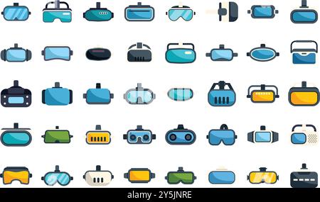 Grand ensemble d'icônes de lunettes de réalité virtuelle dans différents modèles et couleurs, montrant la dernière technologie Illustration de Vecteur