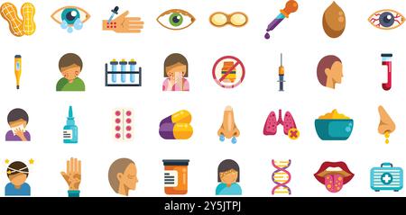 Cette illustration présente diverses icônes liées aux allergies, illustrant les symptômes, les traitements, les outils de diagnostic et les allergènes courants Illustration de Vecteur