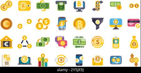 Jeu d'icônes de concept d'échange et de trading de crypto-monnaie montrant différentes devises échangeant et négociant en ligne Illustration de Vecteur